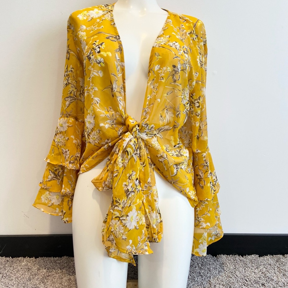 ELENA WANG Gold and White Ruffled Tie-Front Long Sleeve Sheer Blouse